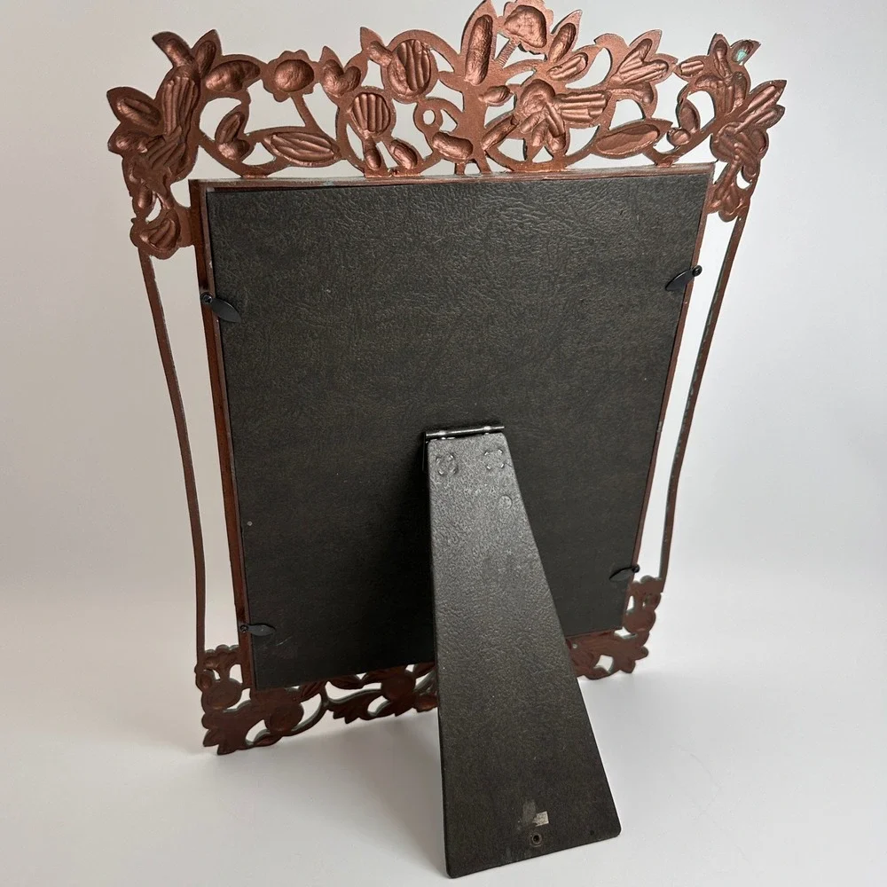Vtg 8x10 Floral Cast Metal Picture Frame Copper Tone Turquoise Verdigris Photo
